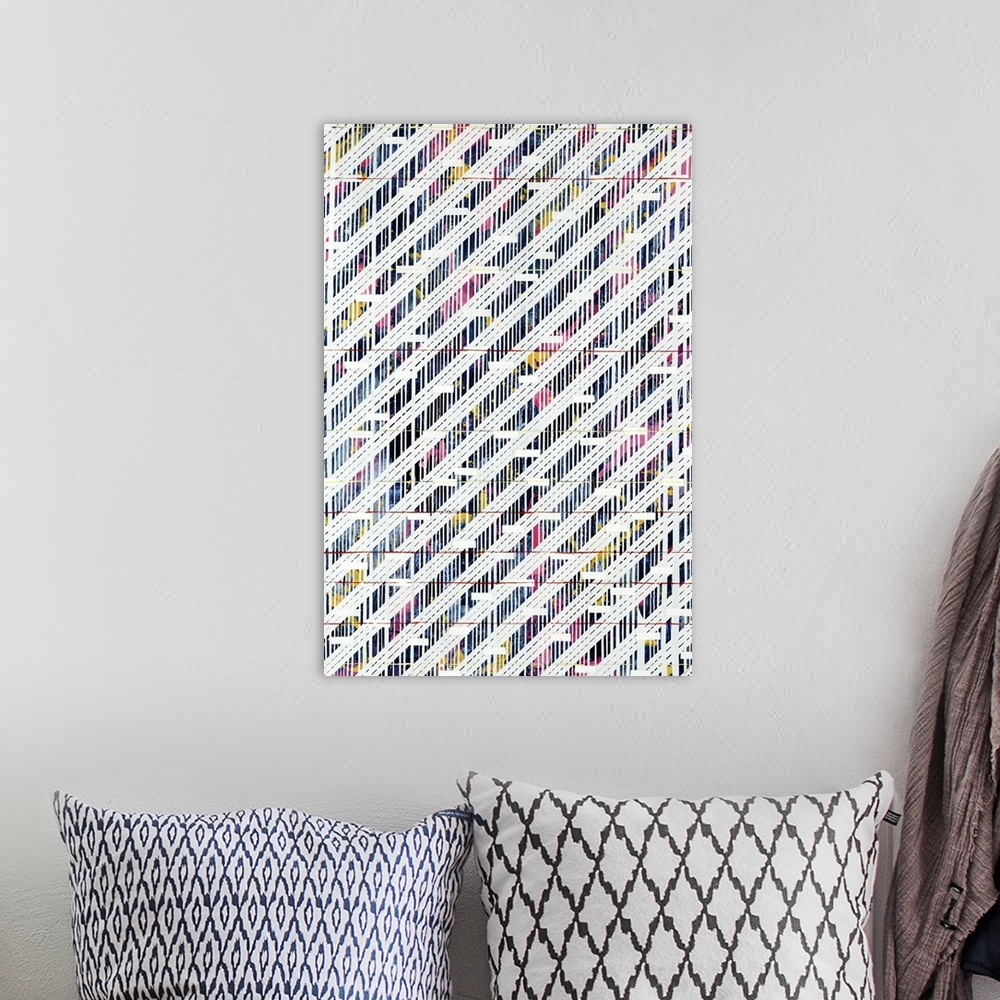 A bohemian room featuring Modern art of layered diagonal, horizontal and multicolored vertical lines that create an intrica...
