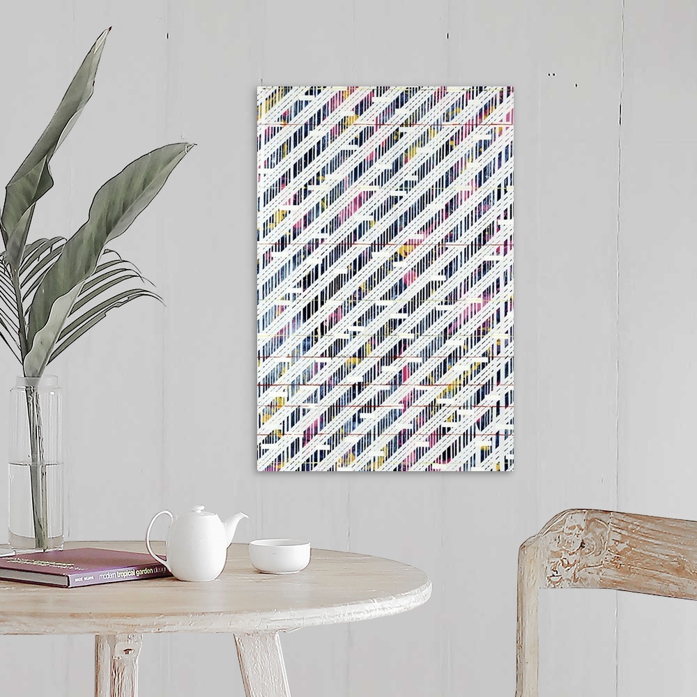 A farmhouse room featuring Modern art of layered diagonal, horizontal and multicolored vertical lines that create an intrica...
