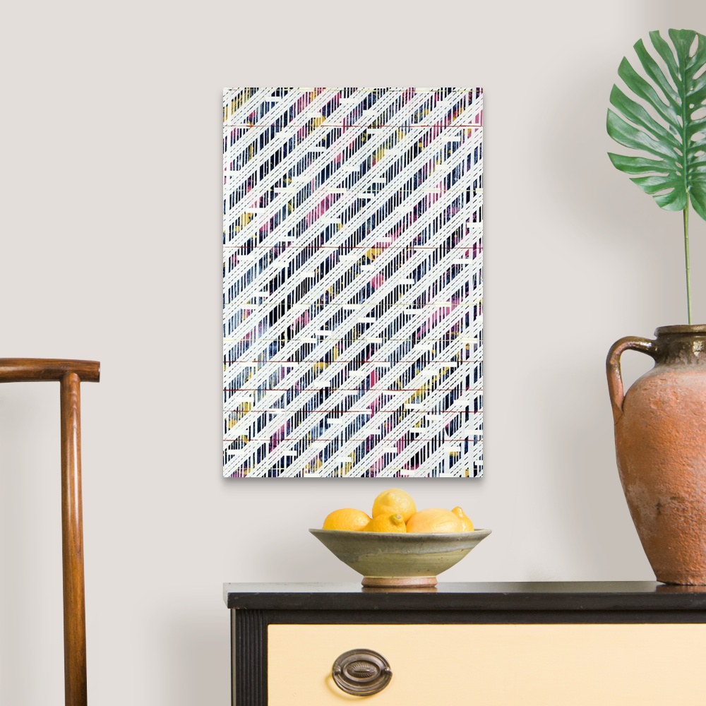 A traditional room featuring Modern art of layered diagonal, horizontal and multicolored vertical lines that create an intrica...