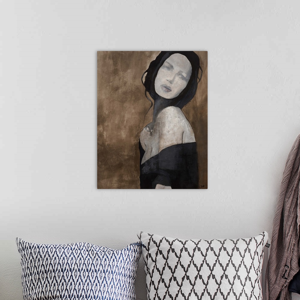 A bohemian room featuring Contemporary painting of woman with pale skin wearing a black dress, against an earth toned backg...