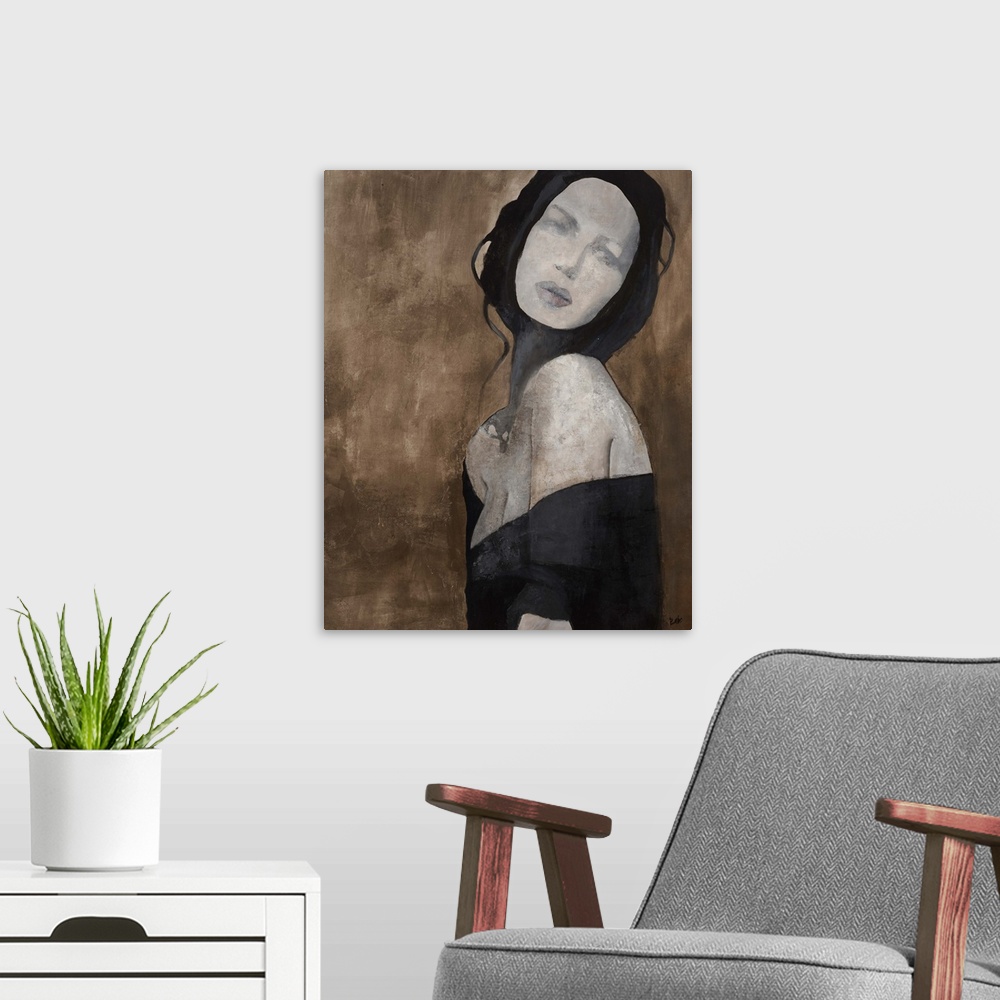 A modern room featuring Contemporary painting of woman with pale skin wearing a black dress, against an earth toned backg...