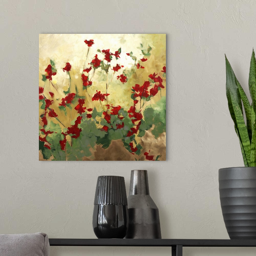 A modern room featuring Contemporary abstract painting of red flower and green sinuous vines.