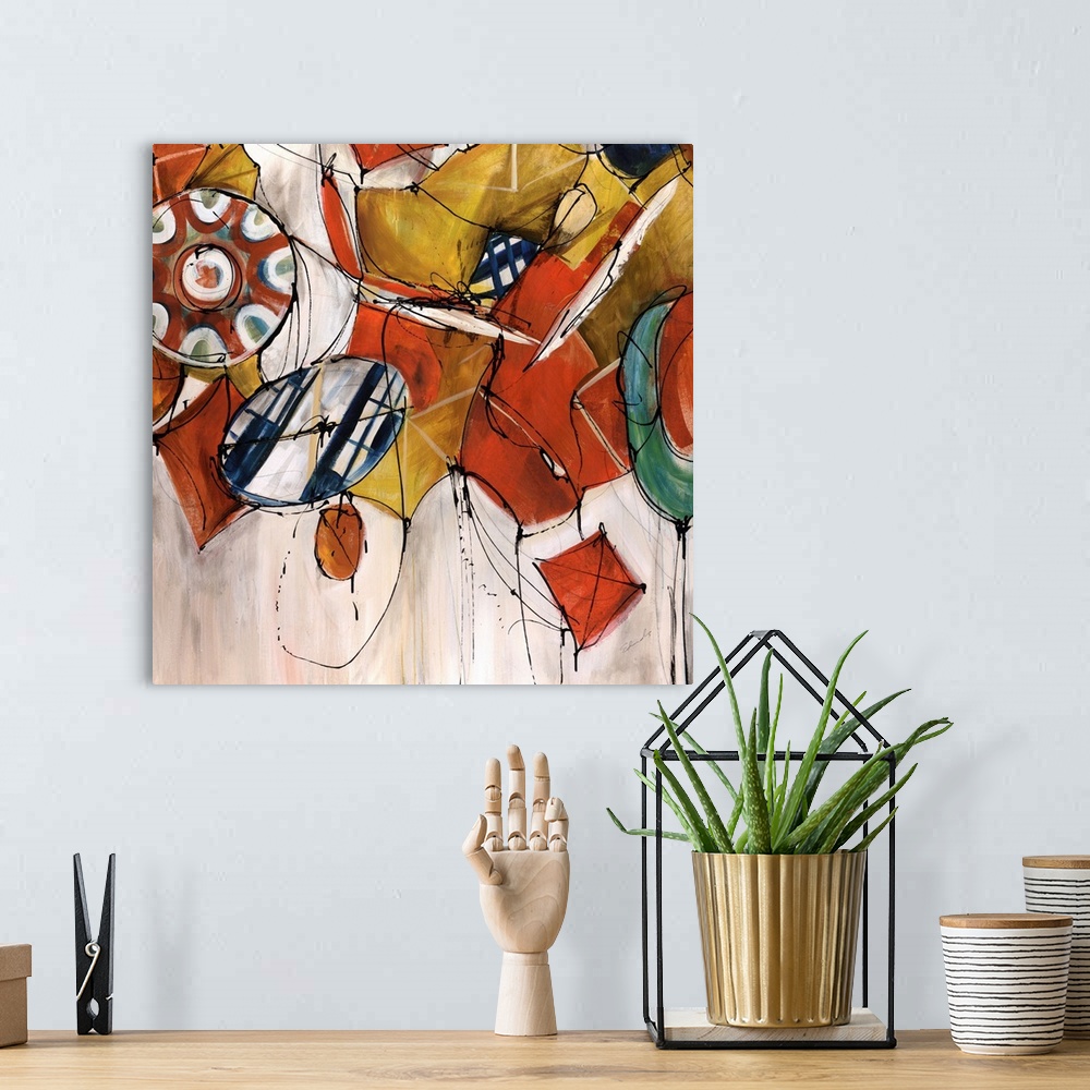 A bohemian room featuring Abstract painting with warm color shapes and angles depicting the circus.