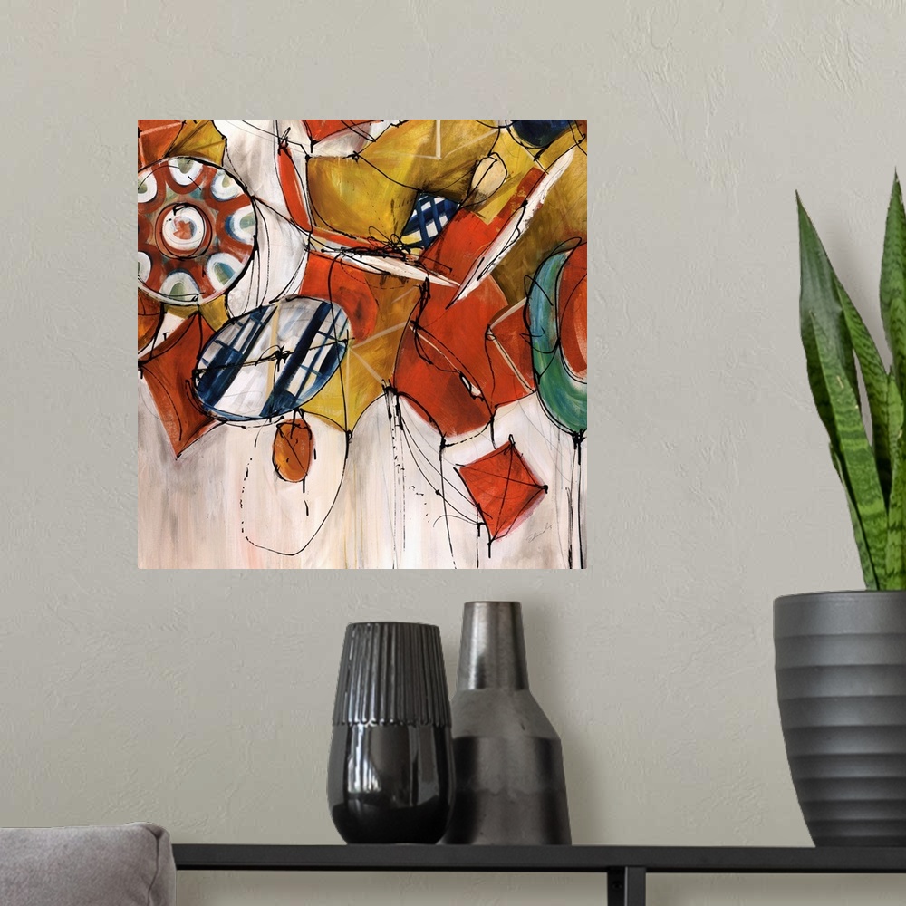 A modern room featuring Abstract painting with warm color shapes and angles depicting the circus.