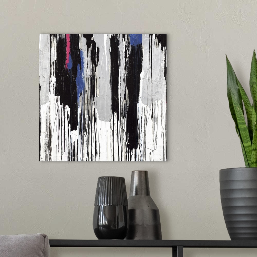 A modern room featuring Square abstract art with dripping hues of gray, black, blue, and pink, starting thick at the top ...