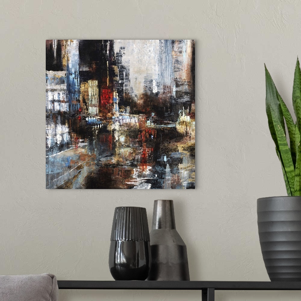 A modern room featuring Contemporary painting of a busy city scene with skyscrapers.