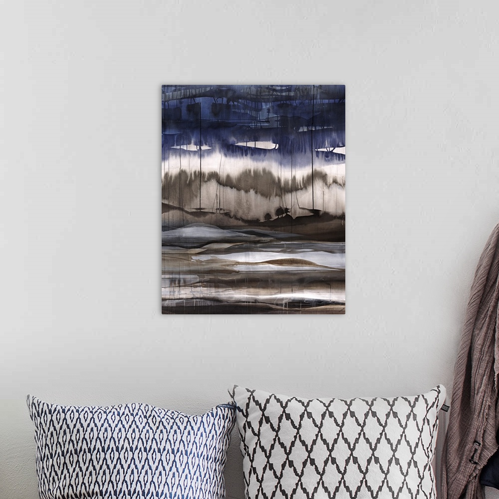 A bohemian room featuring Contemporary abstract painting with indigo at the top falling towards the brown center and down t...