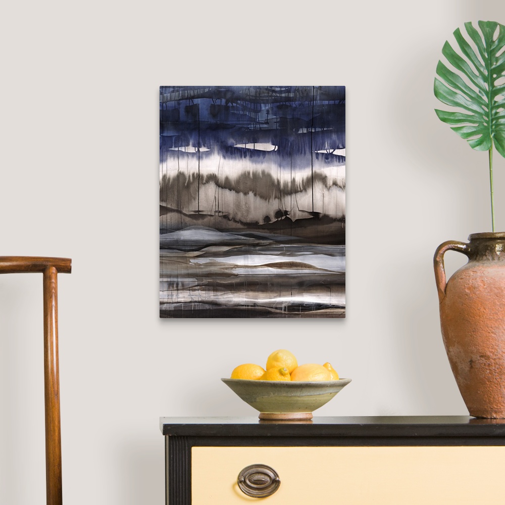 A traditional room featuring Contemporary abstract painting with indigo at the top falling towards the brown center and down t...