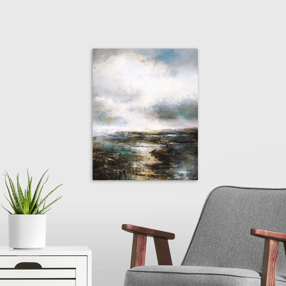 A modern room featuring Contemporary abstract painting using muted tones to create a landscape.