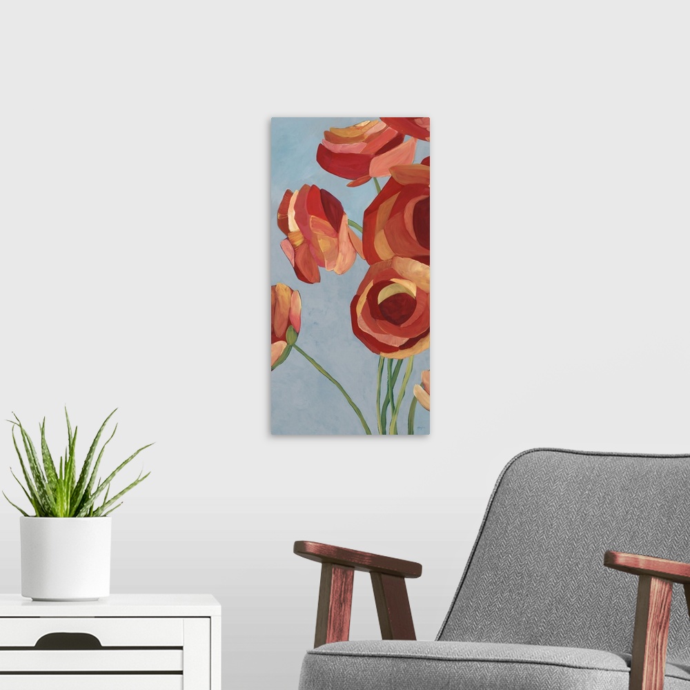 A modern room featuring Contemporary artwork of vibrant red flowers.