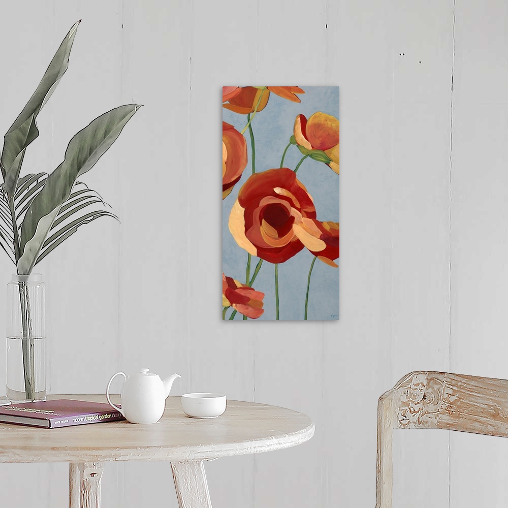 A farmhouse room featuring Contemporary artwork of vibrant red flowers.