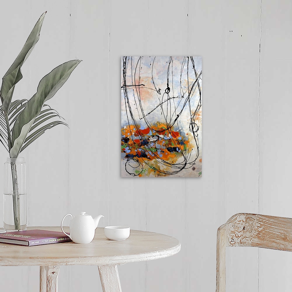 A farmhouse room featuring Contemporary abstract painting with colorful overlapping paint daubs and circling ink scribbles.