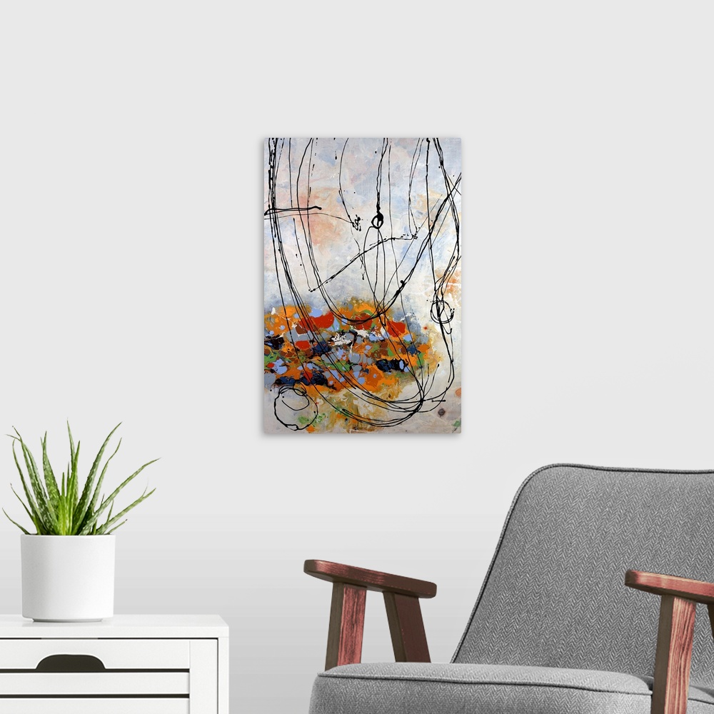 A modern room featuring Contemporary abstract painting with colorful overlapping paint daubs and circling ink scribbles.