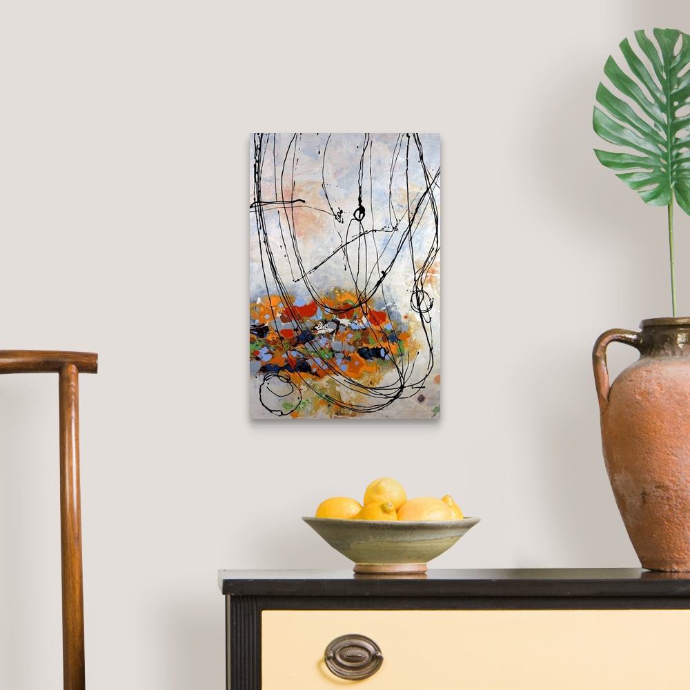 A traditional room featuring Contemporary abstract painting with colorful overlapping paint daubs and circling ink scribbles.