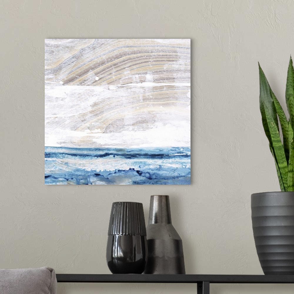 A modern room featuring An abstract landscape of an ocean skyline in textured paint.