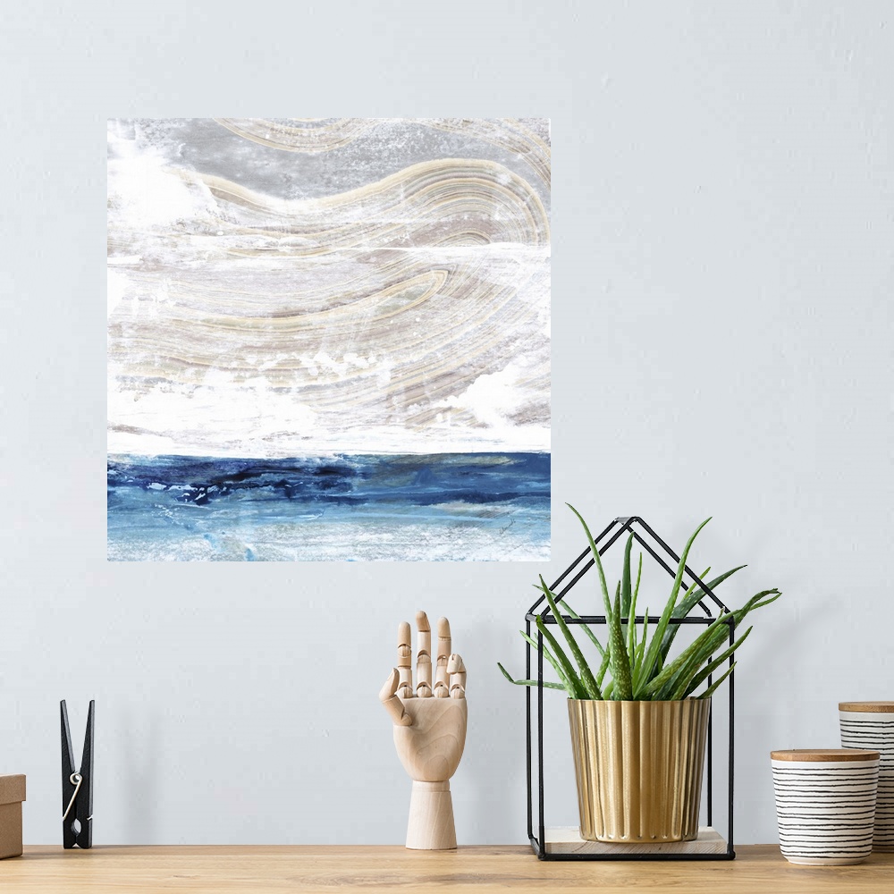 A bohemian room featuring An abstract landscape of an ocean skyline in textured paint.