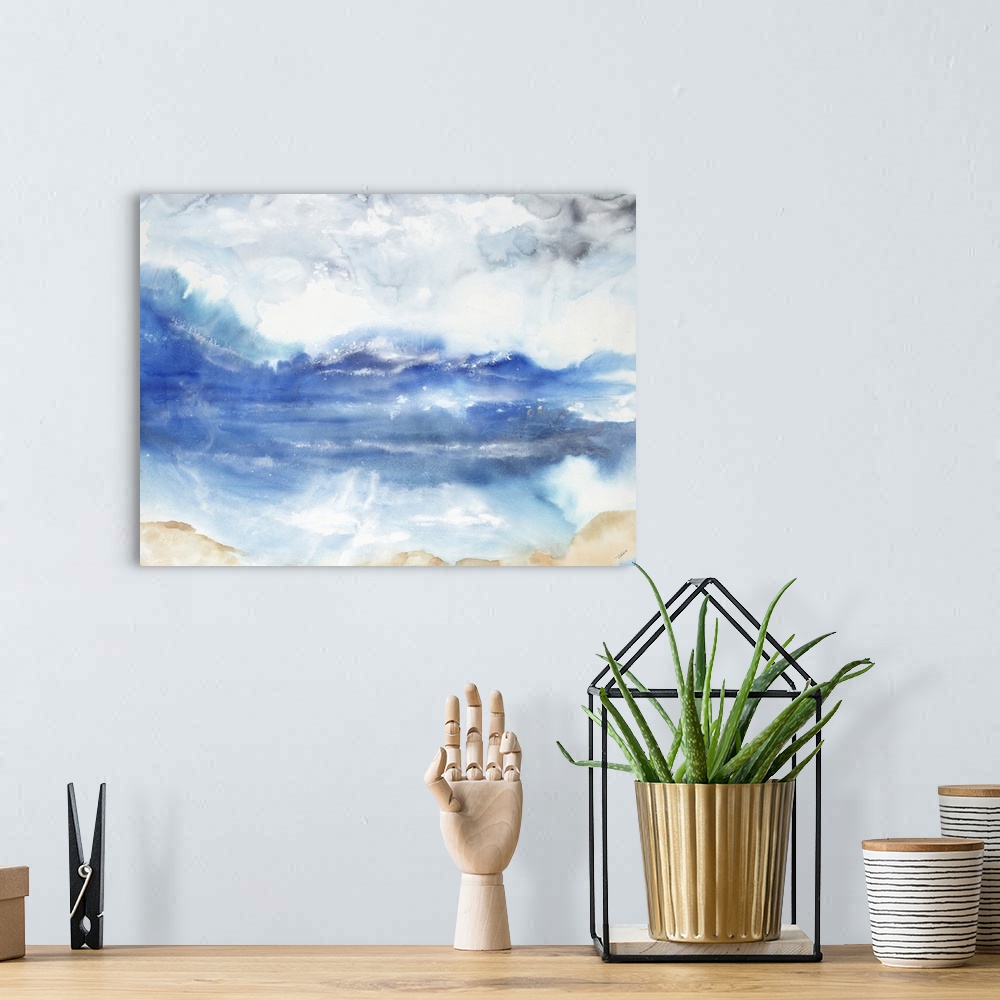 A bohemian room featuring Abstract landscape of a beach with a moody cloudy sky.
