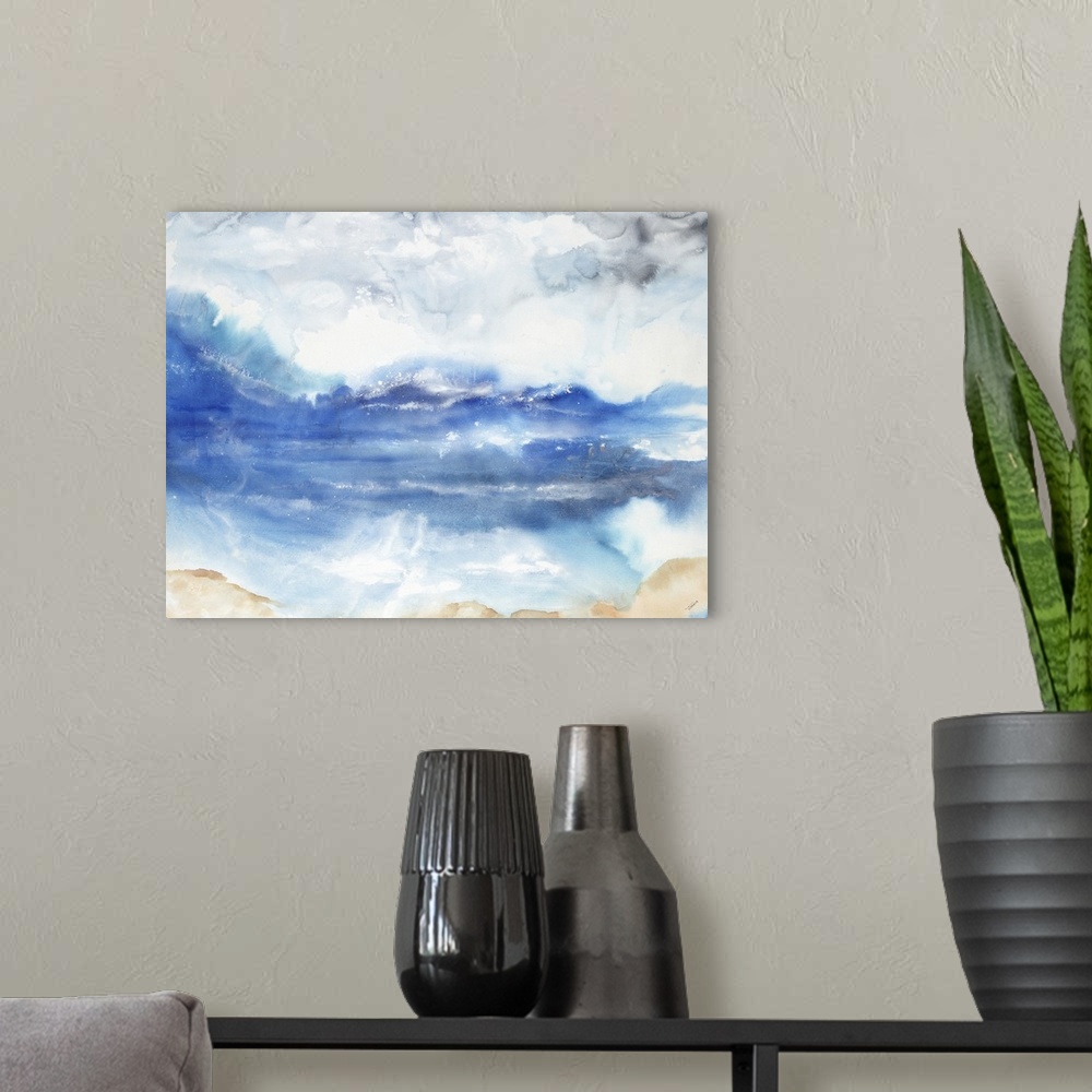 A modern room featuring Abstract landscape of a beach with a moody cloudy sky.