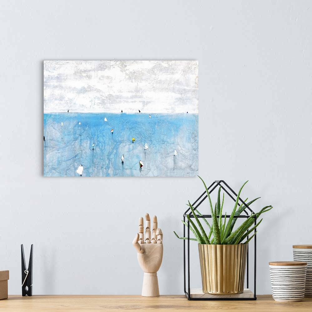 A bohemian room featuring Contemporary abstract painting using pale colors to make a sea filled sailboats.