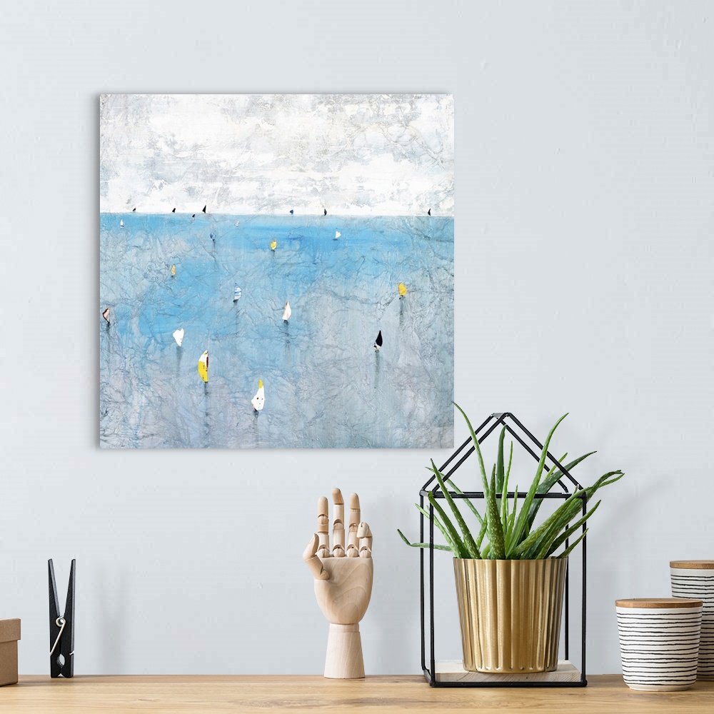 A bohemian room featuring Contemporary abstract painting using pale colors to make a sea filled sailboats.