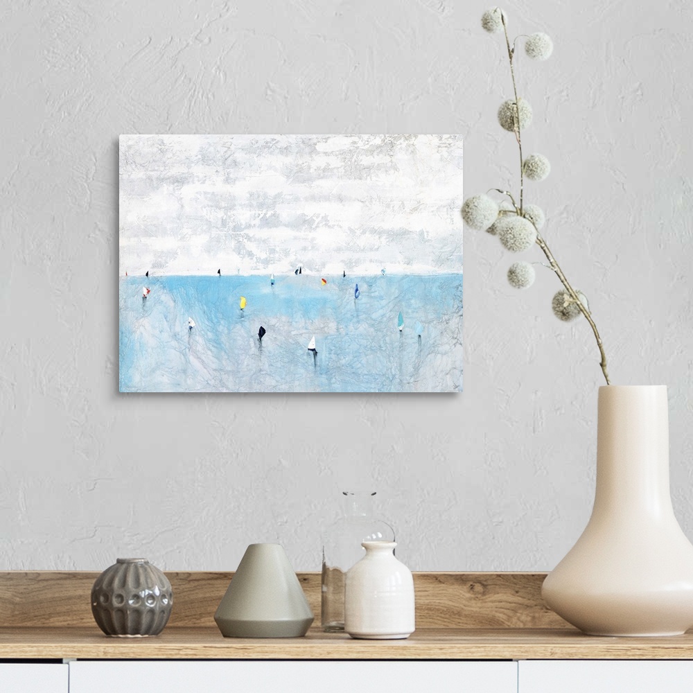 A farmhouse room featuring Contemporary abstract painting using pale colors to make a sea filled sailboats.