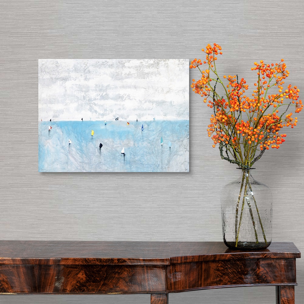 A traditional room featuring Contemporary abstract painting using pale colors to make a sea filled sailboats.