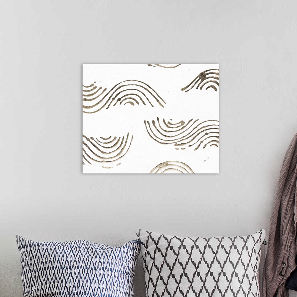 A bohemian room featuring Abstract painting of shapes resembling waves in metallic gold.