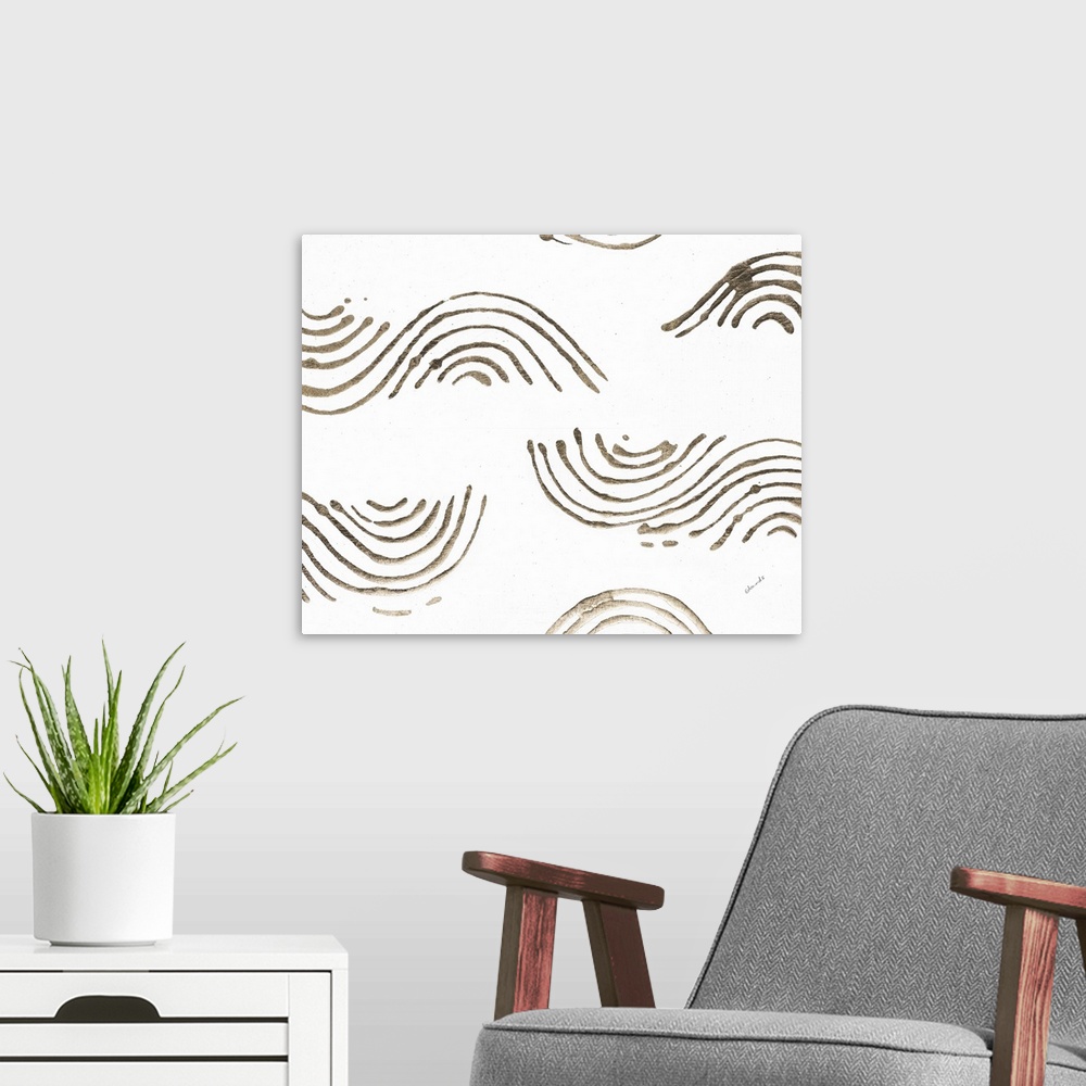 A modern room featuring Abstract painting of shapes resembling waves in metallic gold.