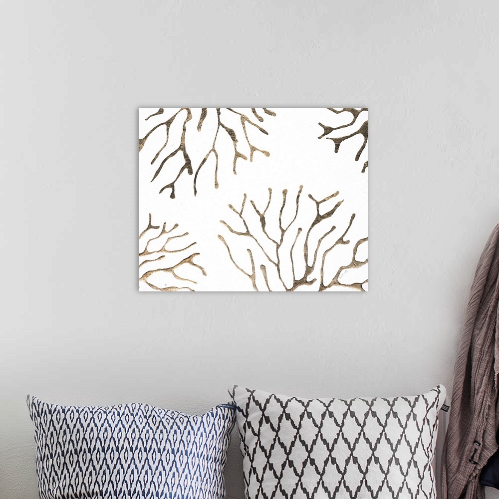 A bohemian room featuring Abstract painting of shapes resembling coral in metallic gold.