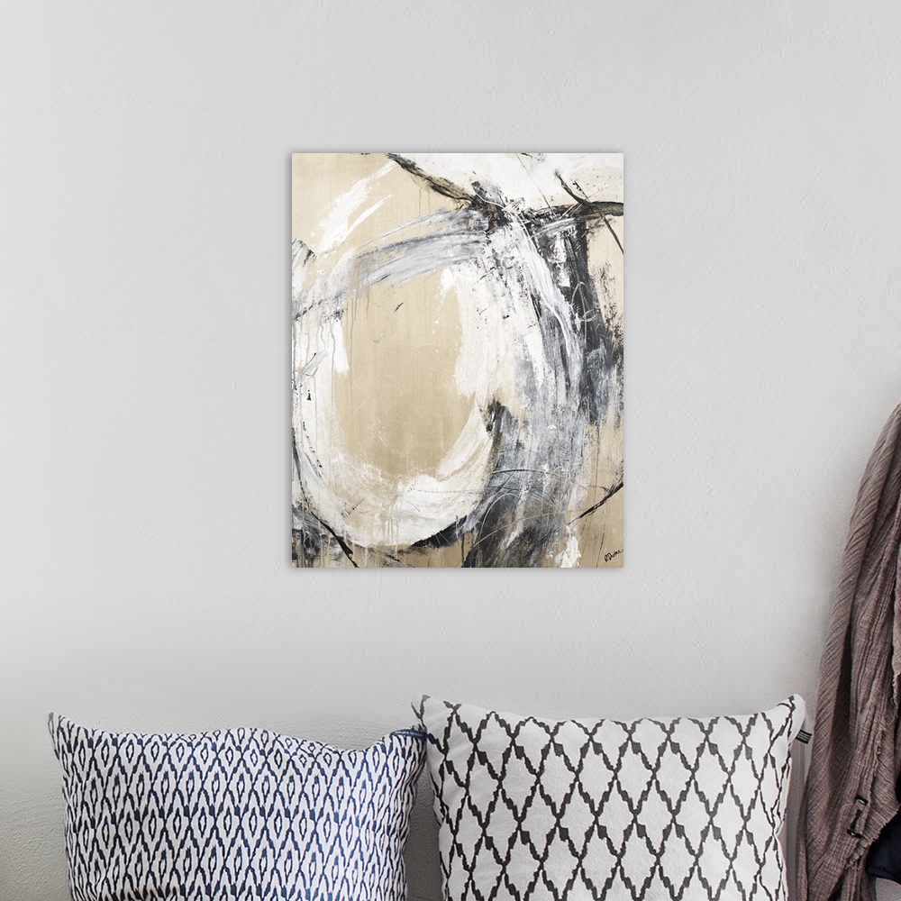 A bohemian room featuring Contemporary abstract painting with a bold black and white loopy brushstroke on a gold background.