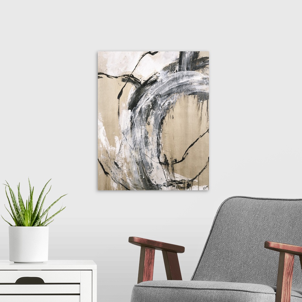 A modern room featuring Large abstract painting with black and white thick, looped brushstrokes on a gold background.