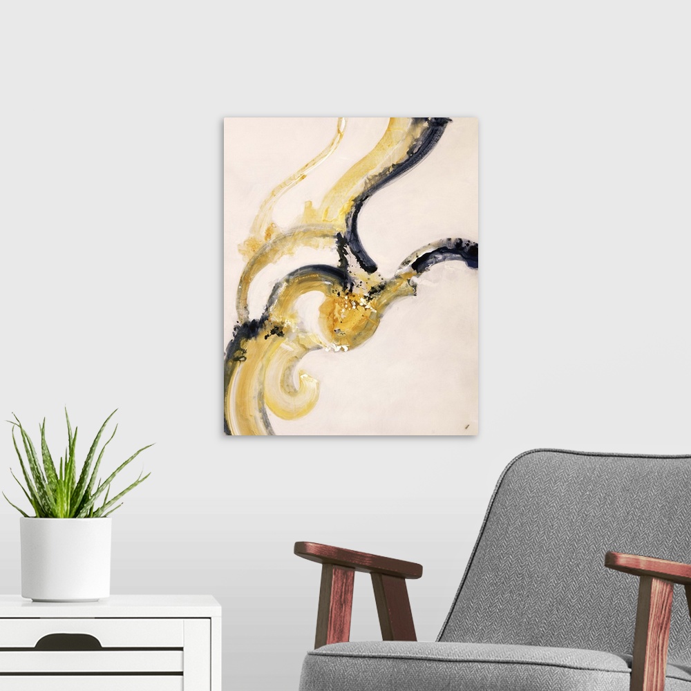 A modern room featuring Abstract painting using yellow in a swirling motion with a harsh black stroke echoing it, against...