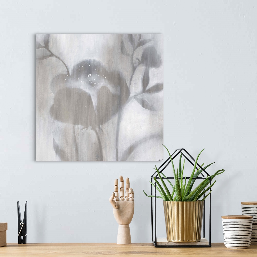 A bohemian room featuring Contemporary painting of neutral flowers and stems with softened edges that seem to fade into a l...