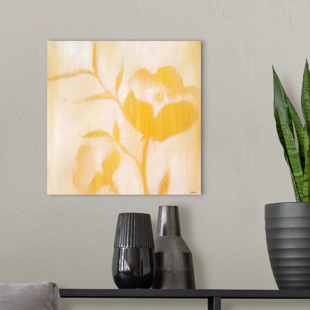 A modern room featuring Contemporary painting of golden flowers and stems with softened edges that seem to fade into a li...