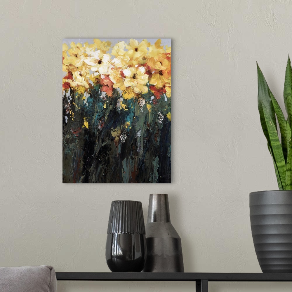 A modern room featuring Tall canvas painting of flowers at the top and grass at the bottom made up of heavy paint strokes.