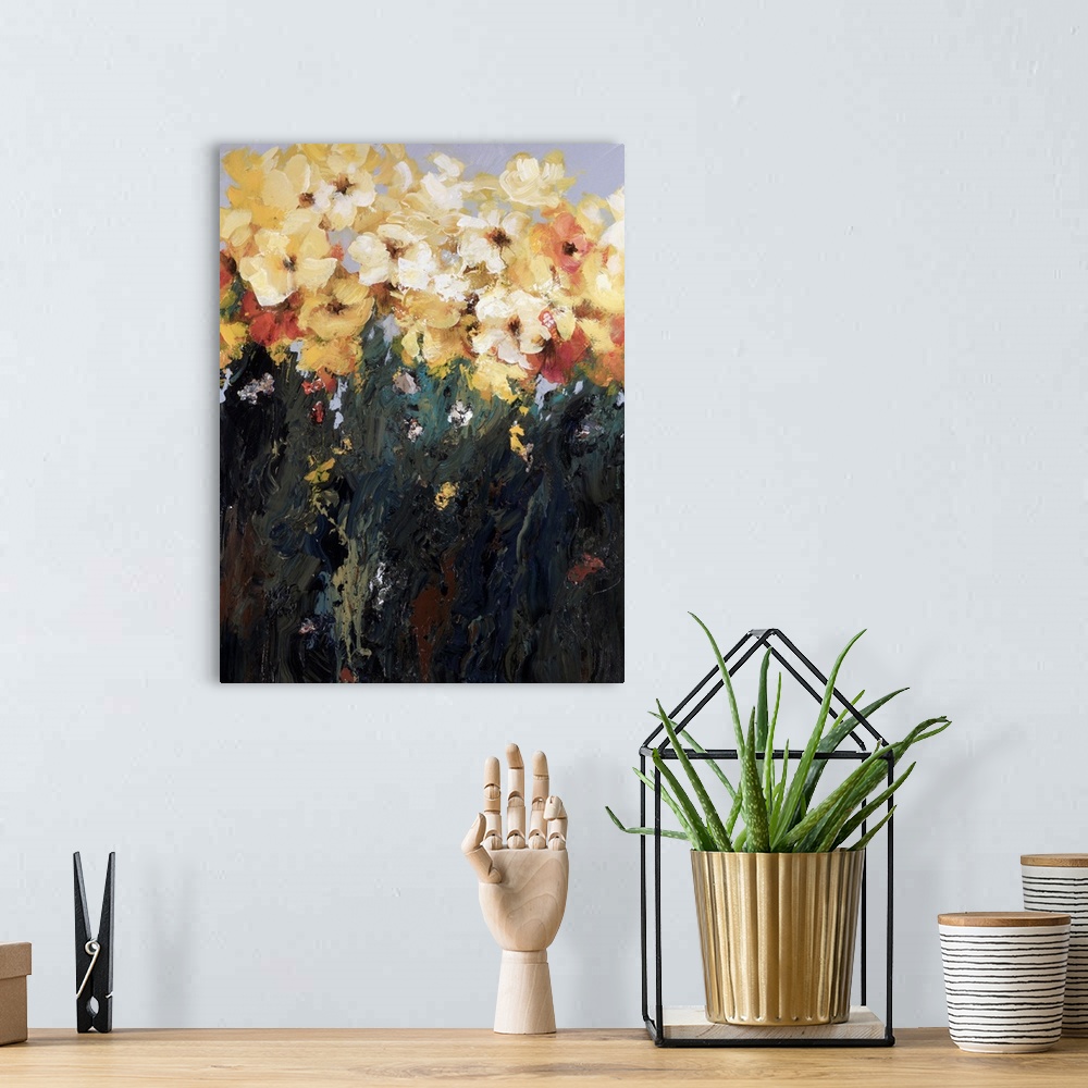 A bohemian room featuring This is a contemporary painting of flowers created with a heavy application of paint that creates...