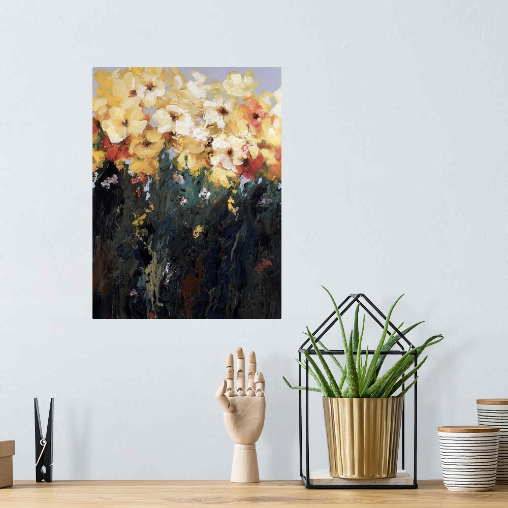 A bohemian room featuring This is a contemporary painting of flowers created with a heavy application of paint that creates...
