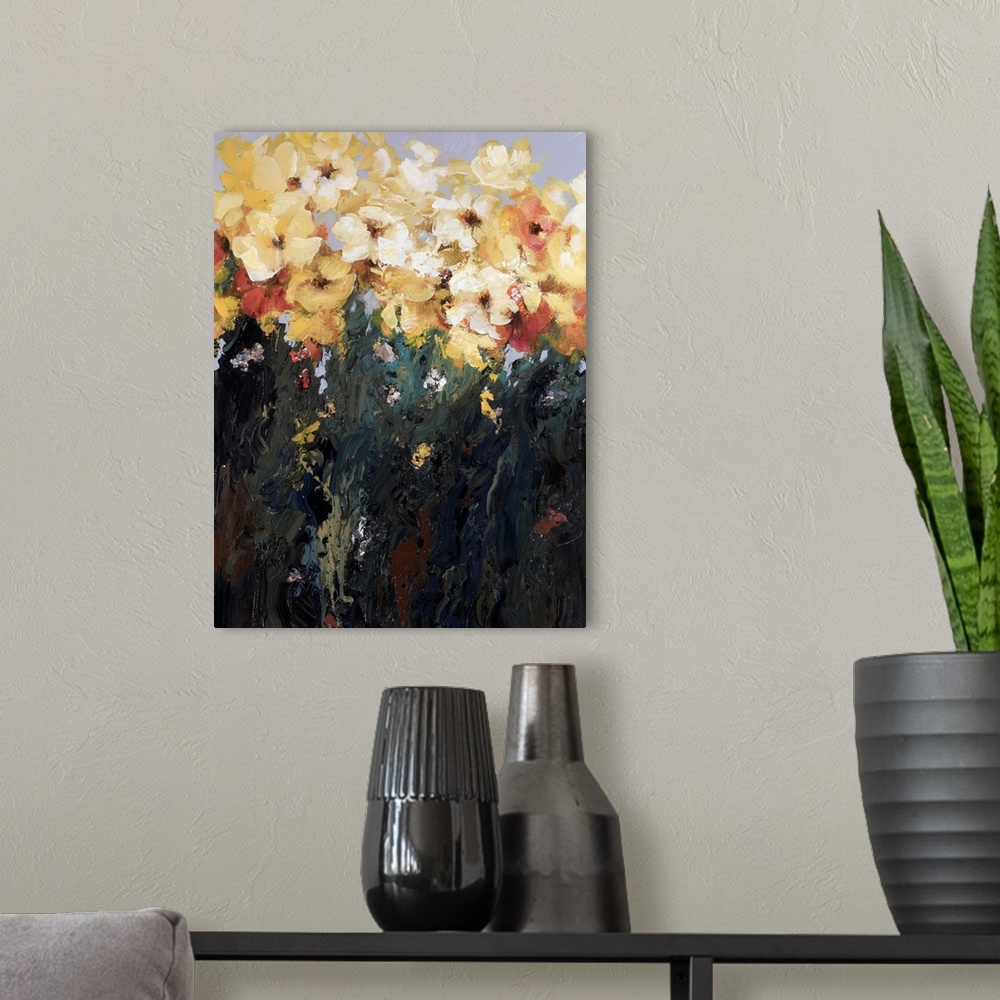 A modern room featuring This is a contemporary painting of flowers created with a heavy application of paint that creates...