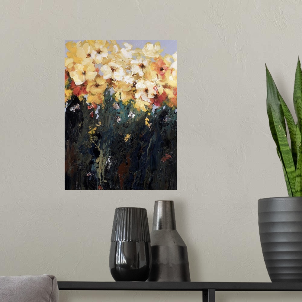 A modern room featuring This is a contemporary painting of flowers created with a heavy application of paint that creates...
