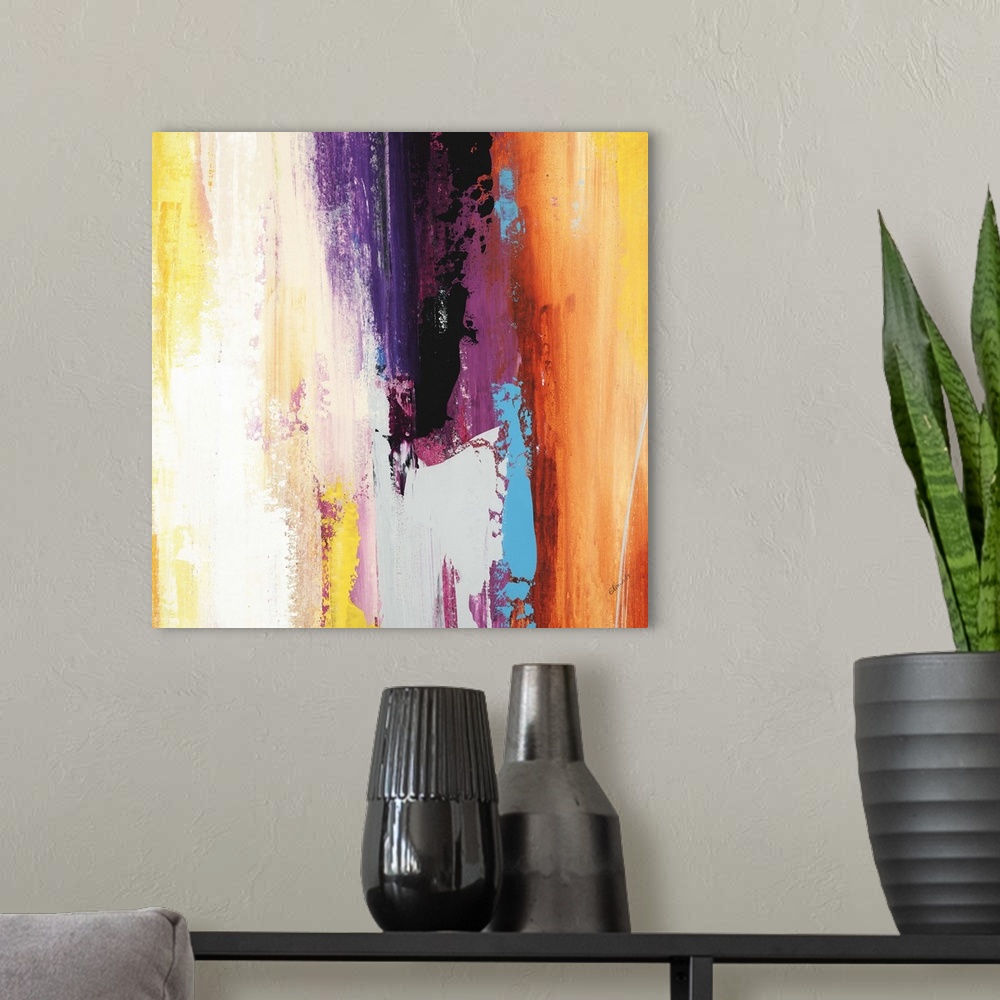A modern room featuring A contemporary abstract painting using a full spectrum of colors in a vertical formation.