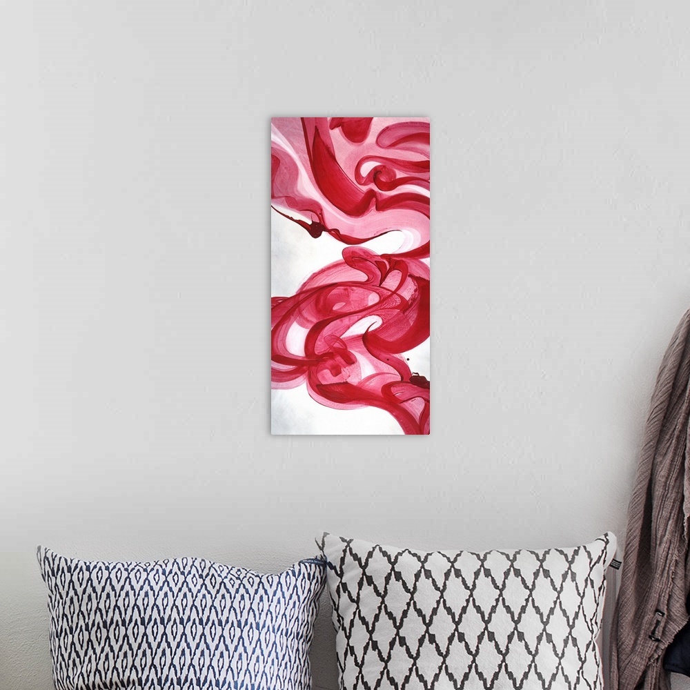 A bohemian room featuring Abstract painting using vibrant red tones in swirling motions that look like smoke flowing gently...