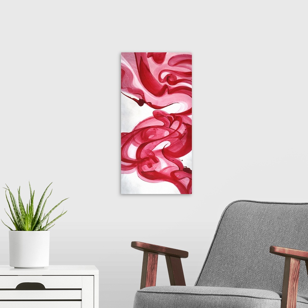 A modern room featuring Abstract painting using vibrant red tones in swirling motions that look like smoke flowing gently...