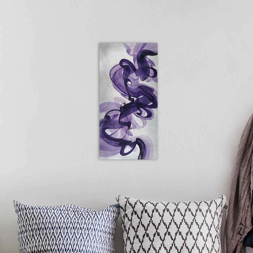 A bohemian room featuring Abstract painting using vibrant purple tones in swirling motions that look like smoke flowing gen...