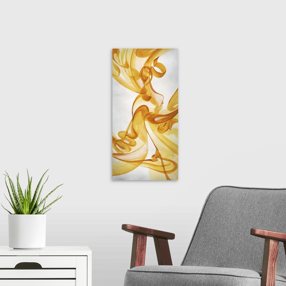 A modern room featuring Abstract painting using vibrant yellow tones in swirling motions that look like smoke flowing gen...