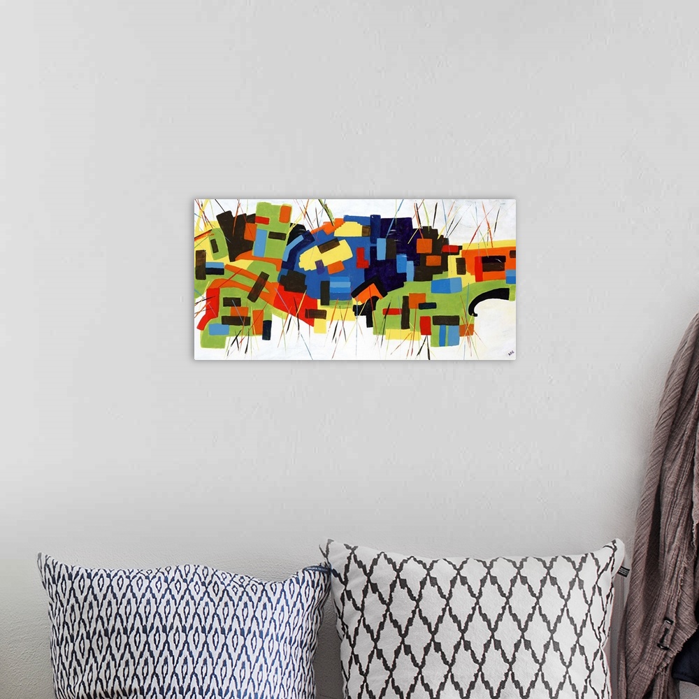 A bohemian room featuring Contemporary abstract painting of a mosaic of colorful geometric shapes against a neutral backgro...