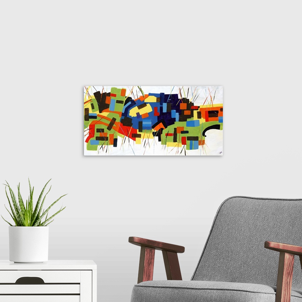 A modern room featuring Contemporary abstract painting of a mosaic of colorful geometric shapes against a neutral backgro...