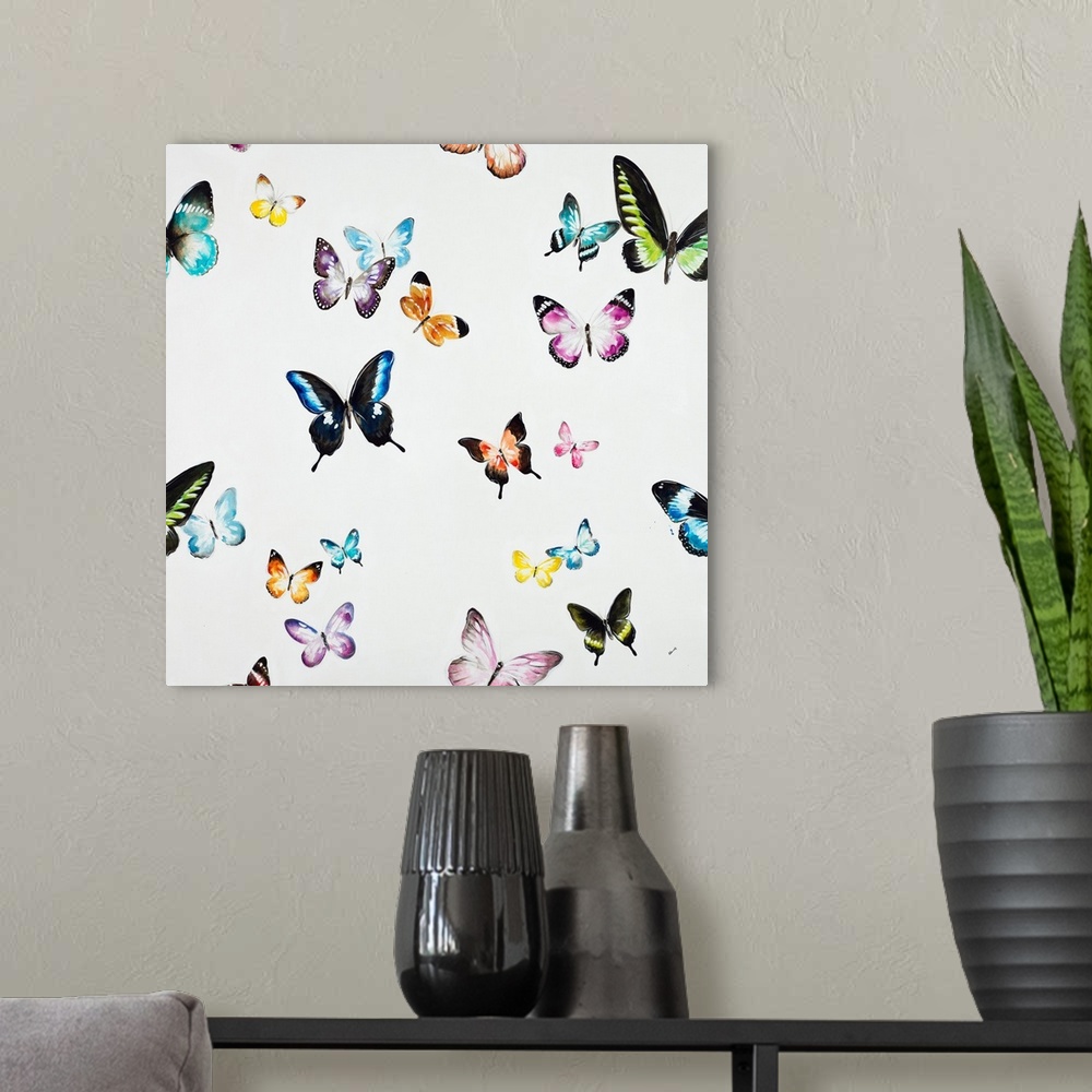 A modern room featuring Colorful Migration II