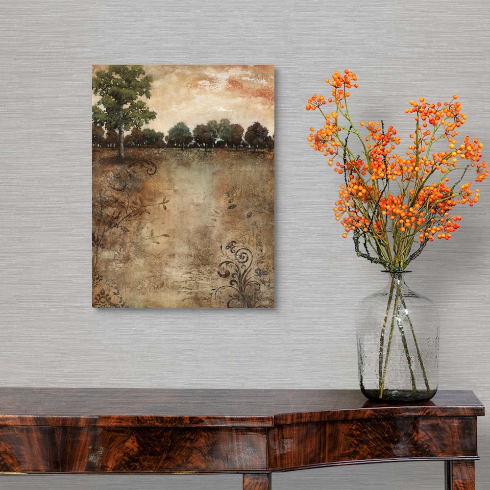 A traditional room featuring Contemporary painting of an idyllic countryside landscape.