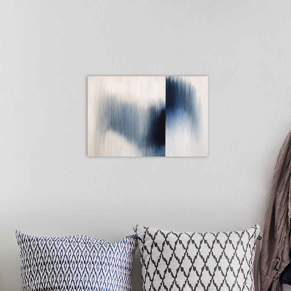 A bohemian room featuring Large abstract painting with an indigo gradient going though the middle and flipped to the top on...