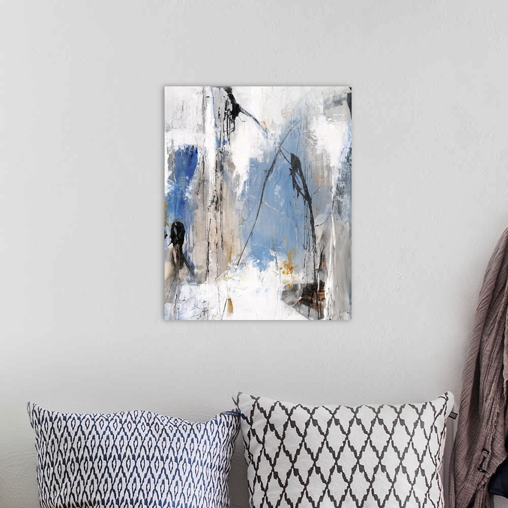 A bohemian room featuring Contemporary abstract painting with white, gray, blue, and gold hues and thin black lines on top ...